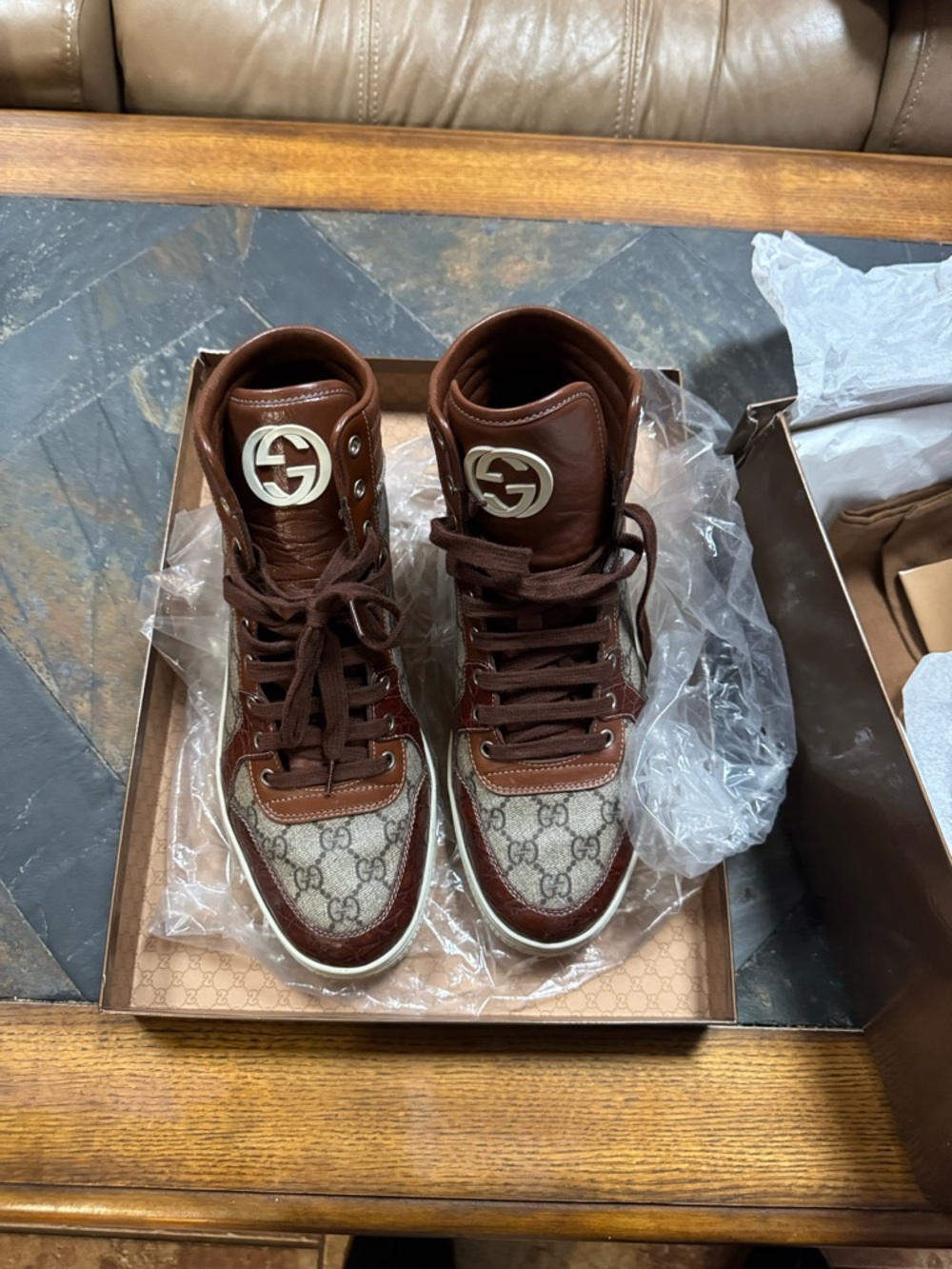 Gucci Brown & Beige GG Monogram High-Top Sneakers